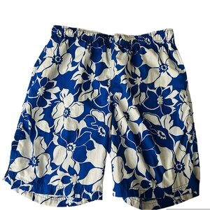 Land’s End Men’s Swim Trunks Suit Size Medium Hibiscus Flower Blue and White